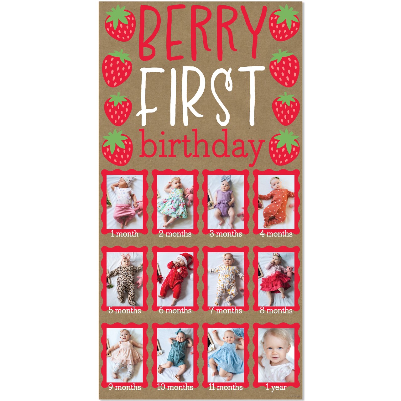 Big Dot of Happiness Berry First Birthday Kraft Photo Banner, 1-12 Month Brown Paper Photo Display 4x6 Pictures, Strawberry 1st Birthday – 1 Ct